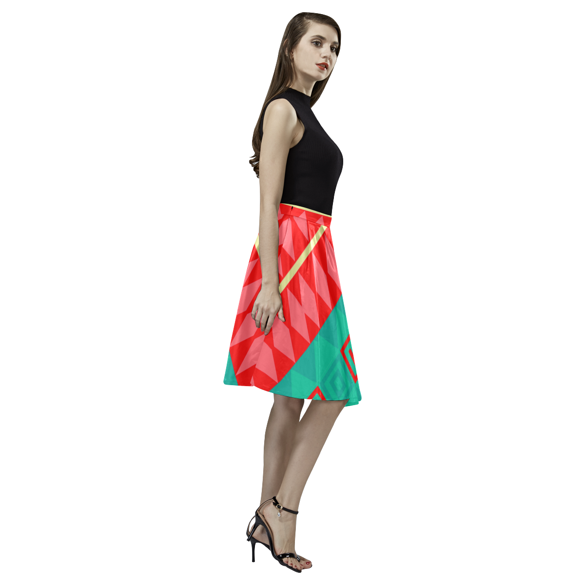 Rhombus stripes and other shapes Melete Pleated Midi Skirt (Model D15)