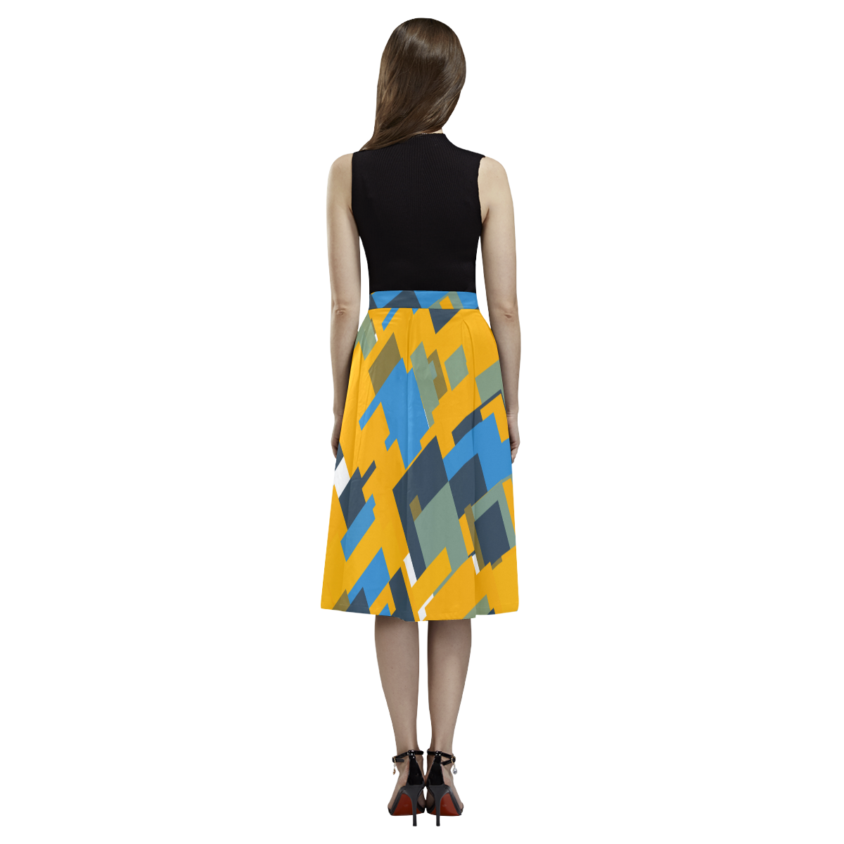 Blue yellow shapes Aoede Crepe Skirt (Model D16)