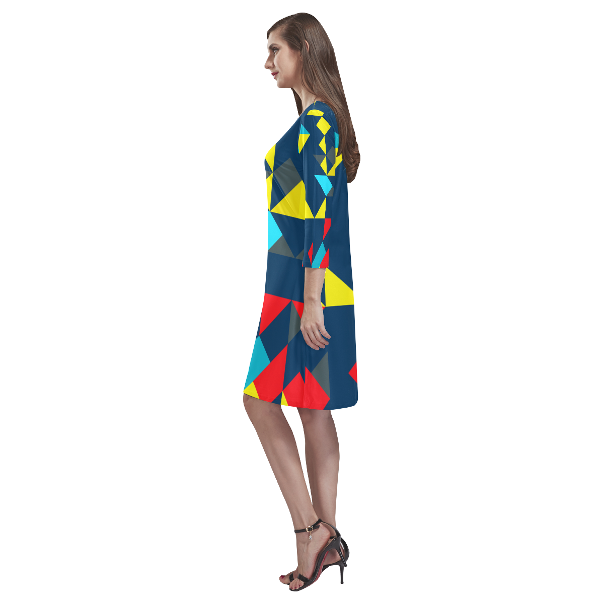 Shapes on a blue background Rhea Loose Round Neck Dress(Model D22)