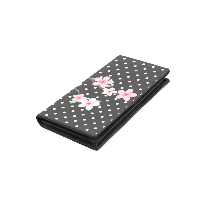 Black and White Polka Dots, Pink Cherry Blossom Flowers, Floral Pattern Women's Leather Wallet (Model 1611)