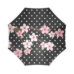 Black and White Polka Dots, Pink Cherry Blossom Flowers, Floral Pattern Foldable Umbrella (Model U01)