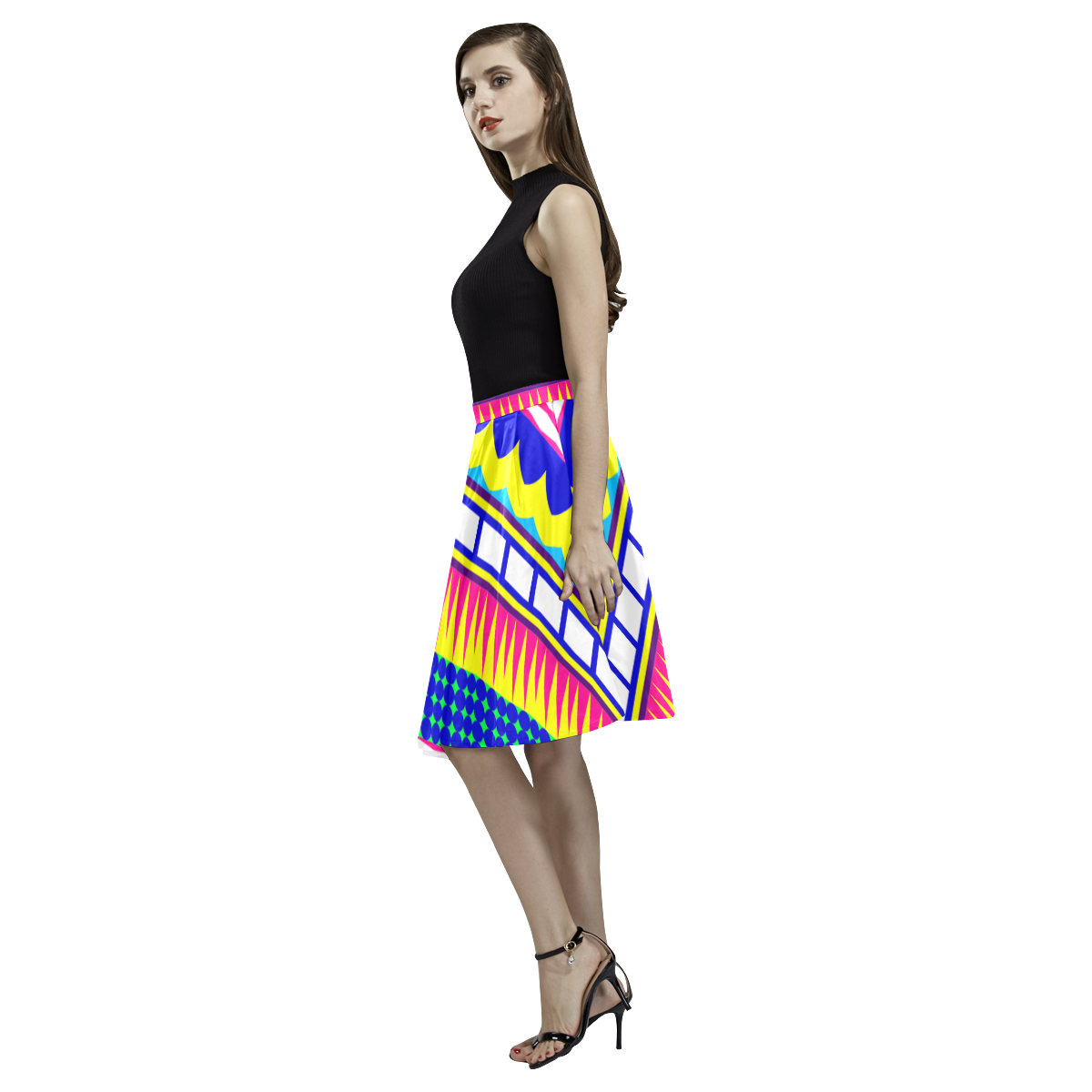 Rectangles waves and circles Melete Pleated Midi Skirt (Model D15)