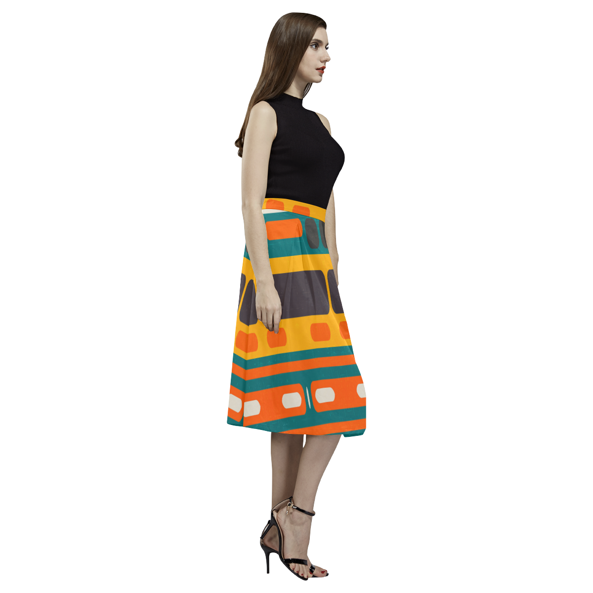 Rectangles in retro colors texture Aoede Crepe Skirt (Model D16)