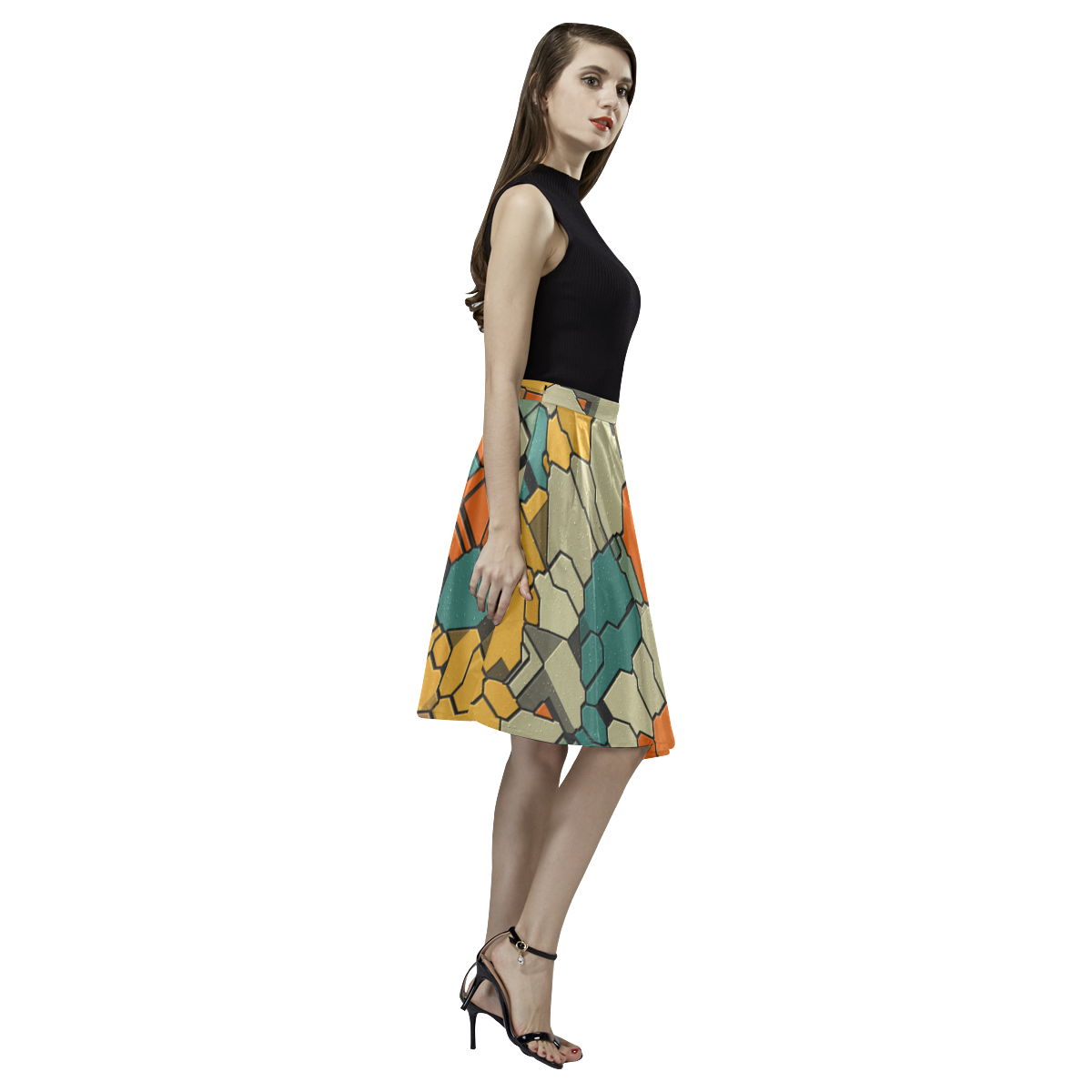 Textured retro shapes Melete Pleated Midi Skirt (Model D15)