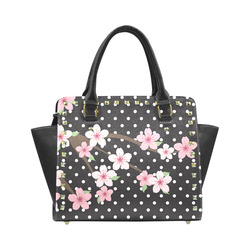 Black and White Polka Dots, Pink Cherry Blossom Flowers, Floral Pattern Rivet Shoulder Handbag (Model 1645)