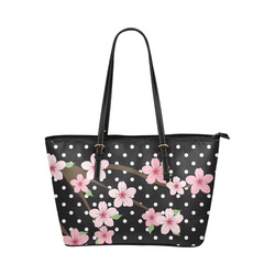 Black and White Polka Dots, Pink Cherry Blossom Flowers, Floral Pattern Leather Tote Bag/Small (Model 1651)