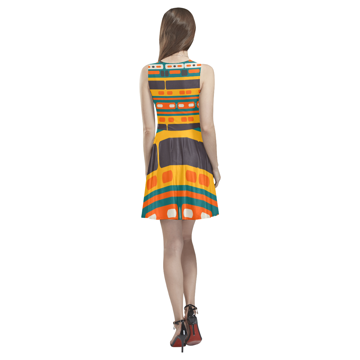 Rectangles in retro colors texture Thea Sleeveless Skater Dress(Model D19)