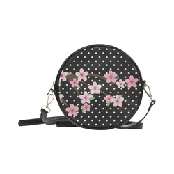 Black and White Polka Dots, Pink Cherry Blossom Flowers, Floral Pattern Round Sling Bag (Model 1647)