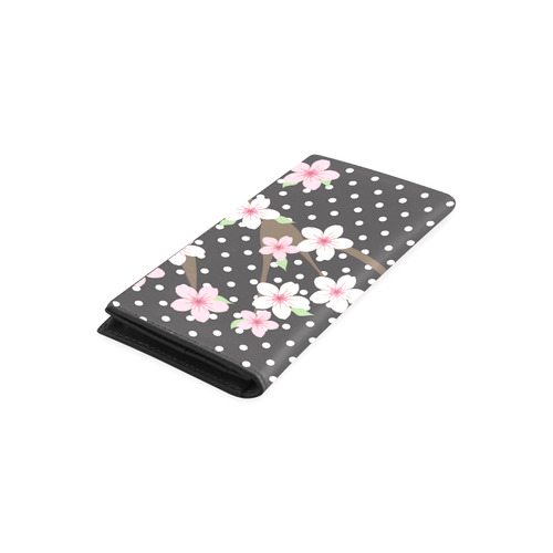 Black and White Polka Dots, Pink Cherry Blossom Flowers, Floral Pattern Women's Leather Wallet (Model 1611)
