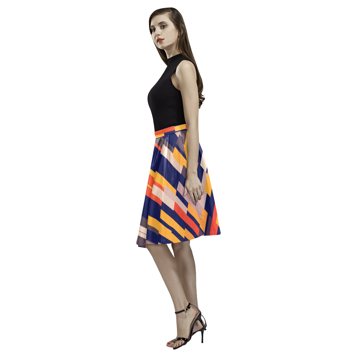 Rectangles in retro colors Melete Pleated Midi Skirt (Model D15)
