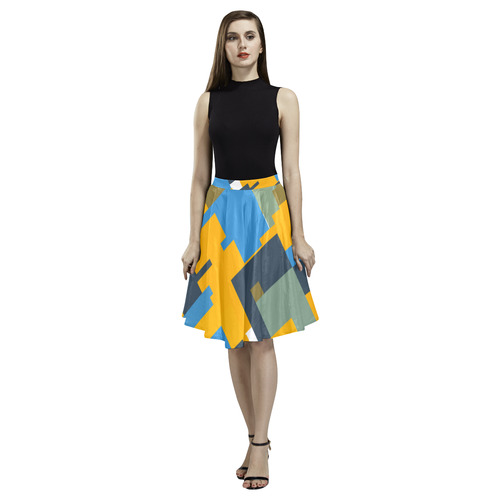 Blue yellow shapes Melete Pleated Midi Skirt (Model D15)