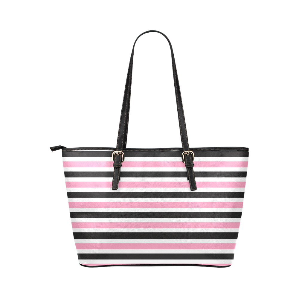 Pink Black Stripes Leather Tote Bag/Small (Model 1651)