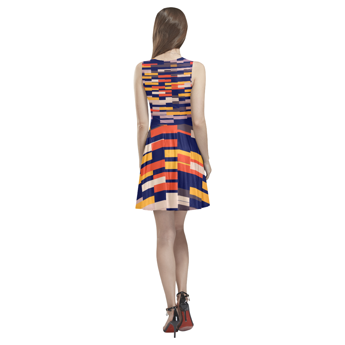 Rectangles in retro colors Thea Sleeveless Skater Dress(Model D19)