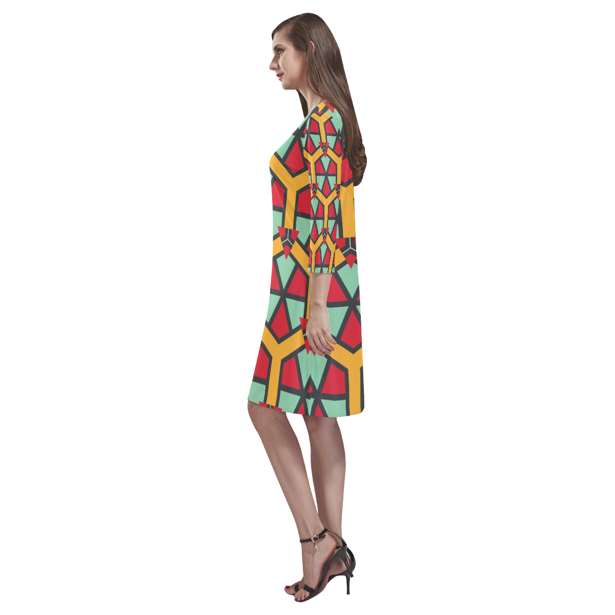 Honeycombs triangles and other shapes pattern Rhea Loose Round Neck Dress(Model D22)