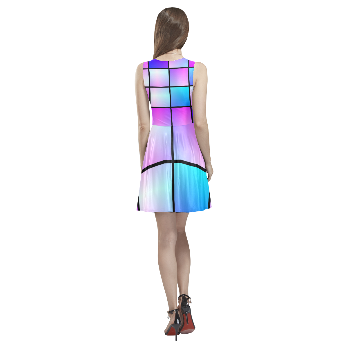 Gradient squares pattern Thea Sleeveless Skater Dress(Model D19)