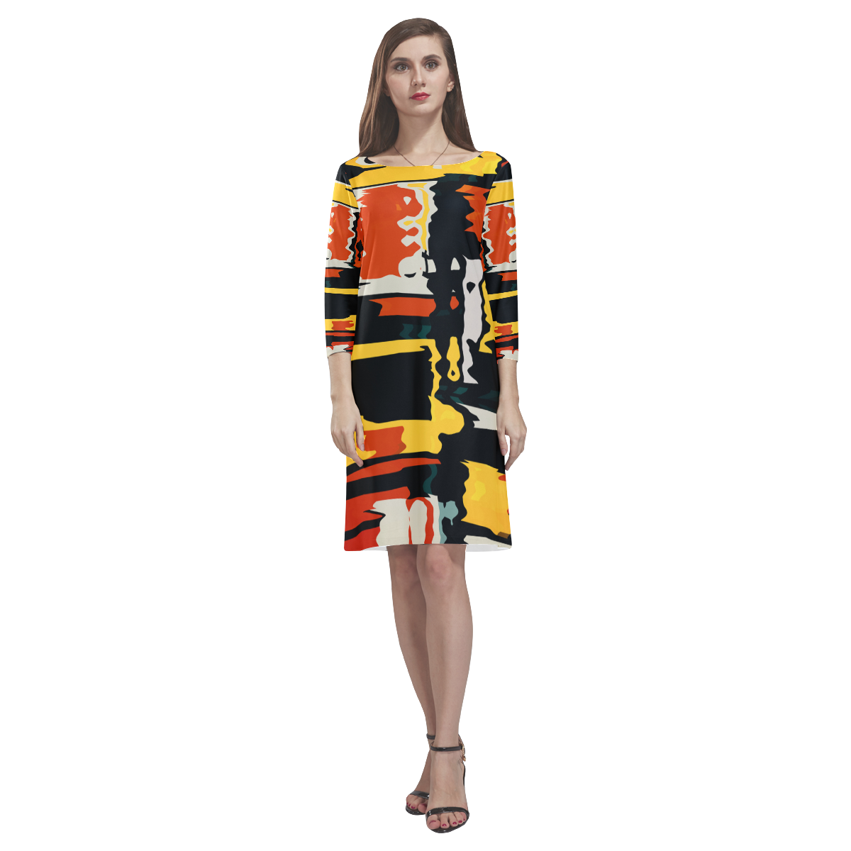 Distorted shapes in retro colors Rhea Loose Round Neck Dress(Model D22)