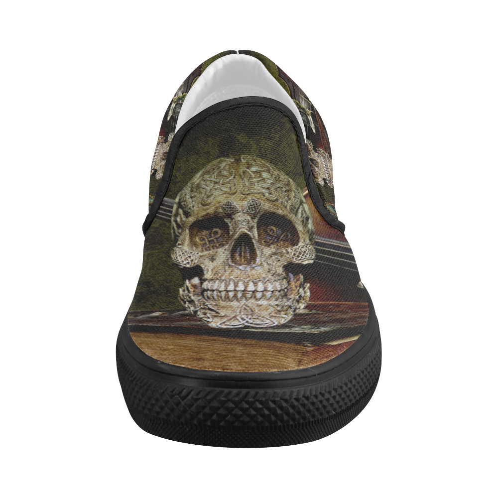Funny Skull and Book Women's Slip-on Canvas Shoes (Model 019)