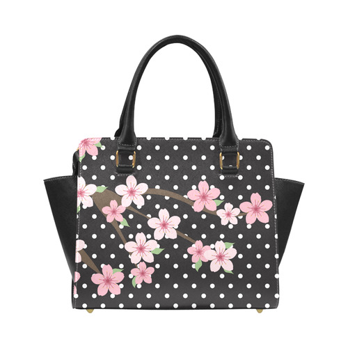 Black and White Polka Dots, Pink Cherry Blossom Flowers, Floral Pattern Classic Shoulder Handbag (Model 1653)