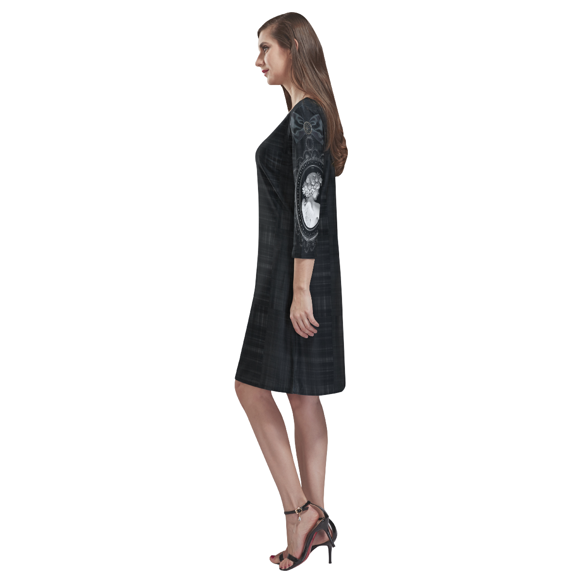 Black Angel Cameo Sleeves Gothic Print Rhea Loose Round Neck Dress(Model D22)