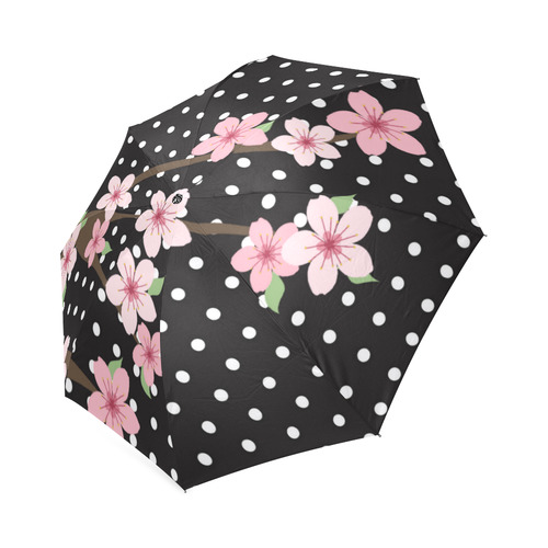 Black and White Polka Dots, Pink Cherry Blossom Flowers, Floral Pattern Foldable Umbrella (Model U01)