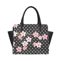 Black and White Polka Dots, Pink Cherry Blossom Flowers, Floral Pattern Classic Shoulder Handbag (Model 1653)