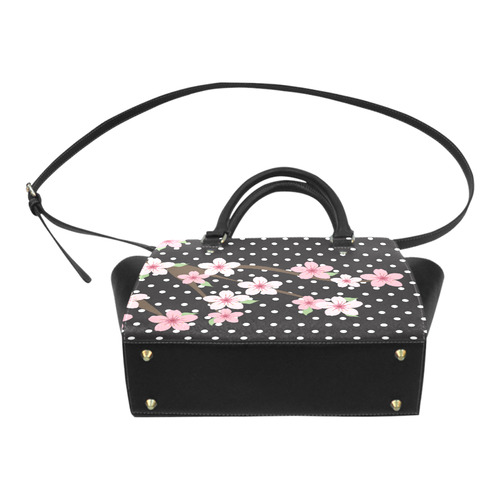 Black and White Polka Dots, Pink Cherry Blossom Flowers, Floral Pattern Classic Shoulder Handbag (Model 1653)