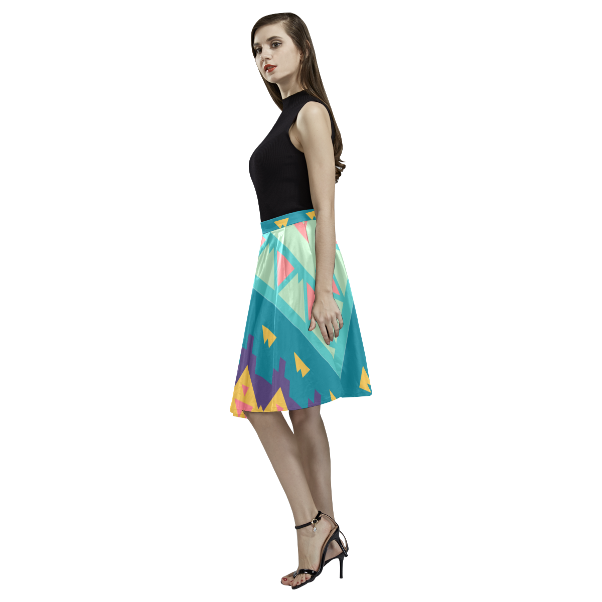 Pastel tribal design Melete Pleated Midi Skirt (Model D15)