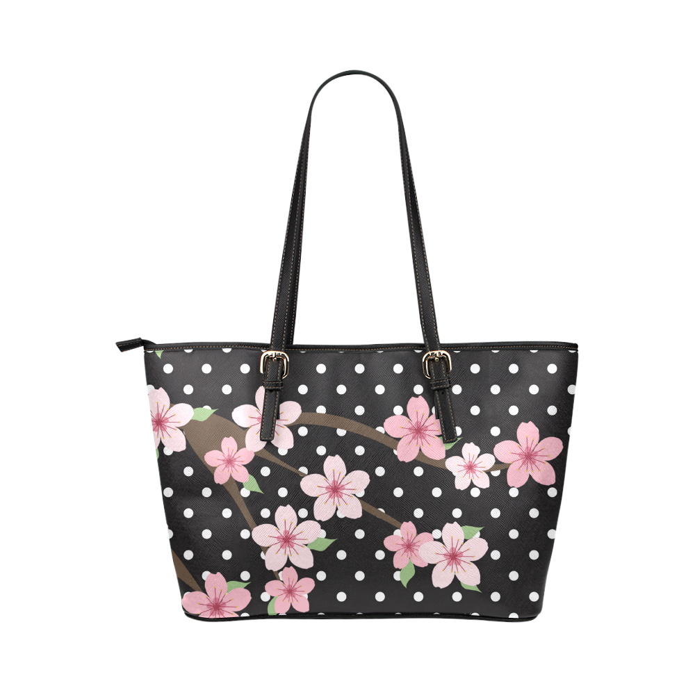 Black and White Polka Dots, Pink Cherry Blossom Flowers, Floral Pattern Leather Tote Bag/Small (Model 1651)