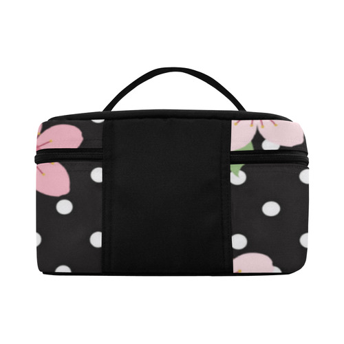 Black and White Polka Dots, Pink Cherry Blossom Flowers, Floral Pattern Cosmetic Bag/Large (Model 1658)