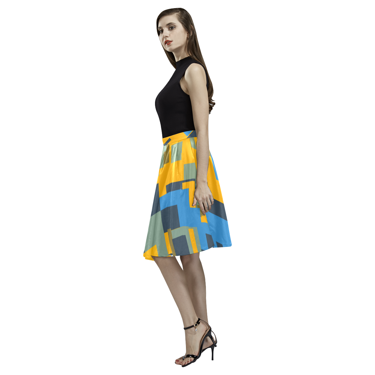 Blue yellow shapes Melete Pleated Midi Skirt (Model D15)