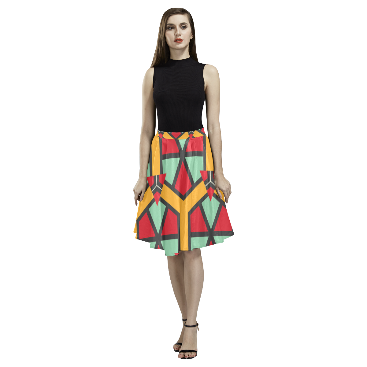 Honeycombs triangles and other shapes pattern Melete Pleated Midi Skirt (Model D15)