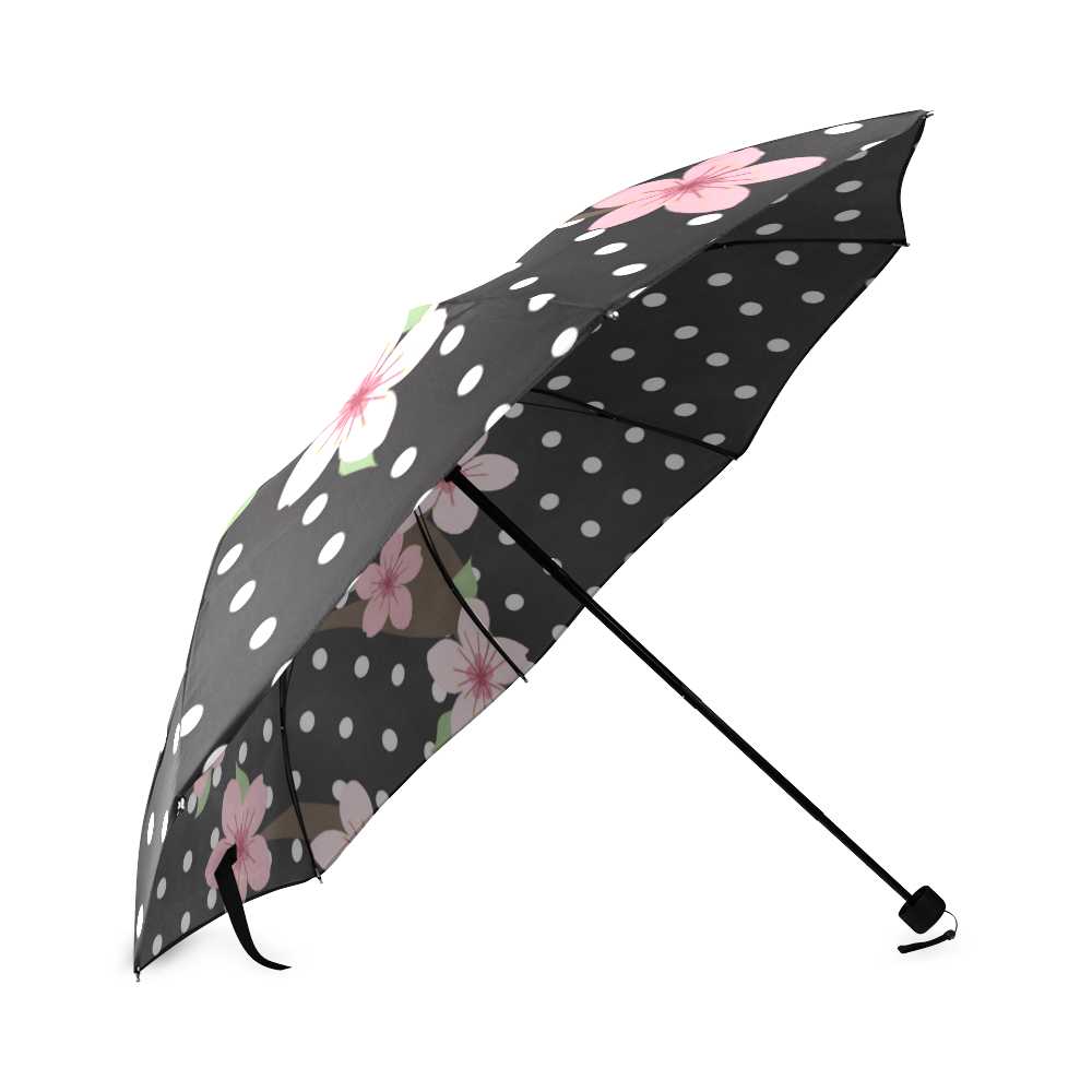 Black and White Polka Dots, Pink Cherry Blossom Flowers, Floral Pattern Foldable Umbrella (Model U01)