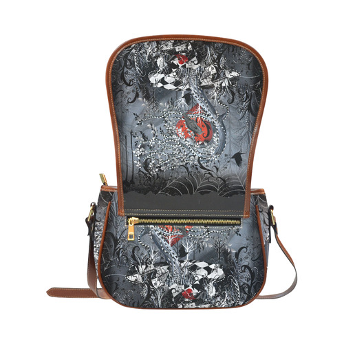 Raven Heart Print Saddlebag Handbag By Juleez Saddle Bag/Large (Model 1649)