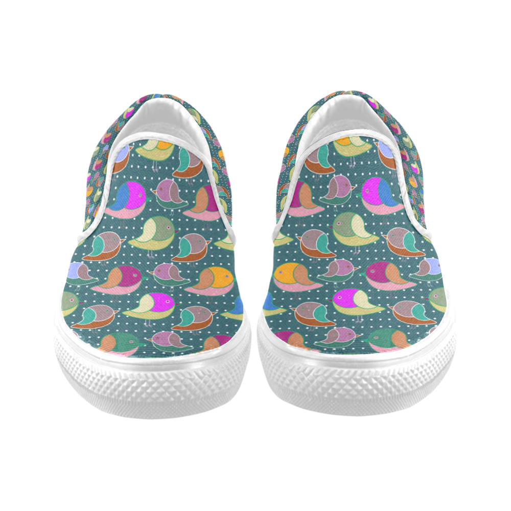 Simply Geometric Cute Birds Pattern Colored Women's Slip-on Canvas Shoes (Model 019)