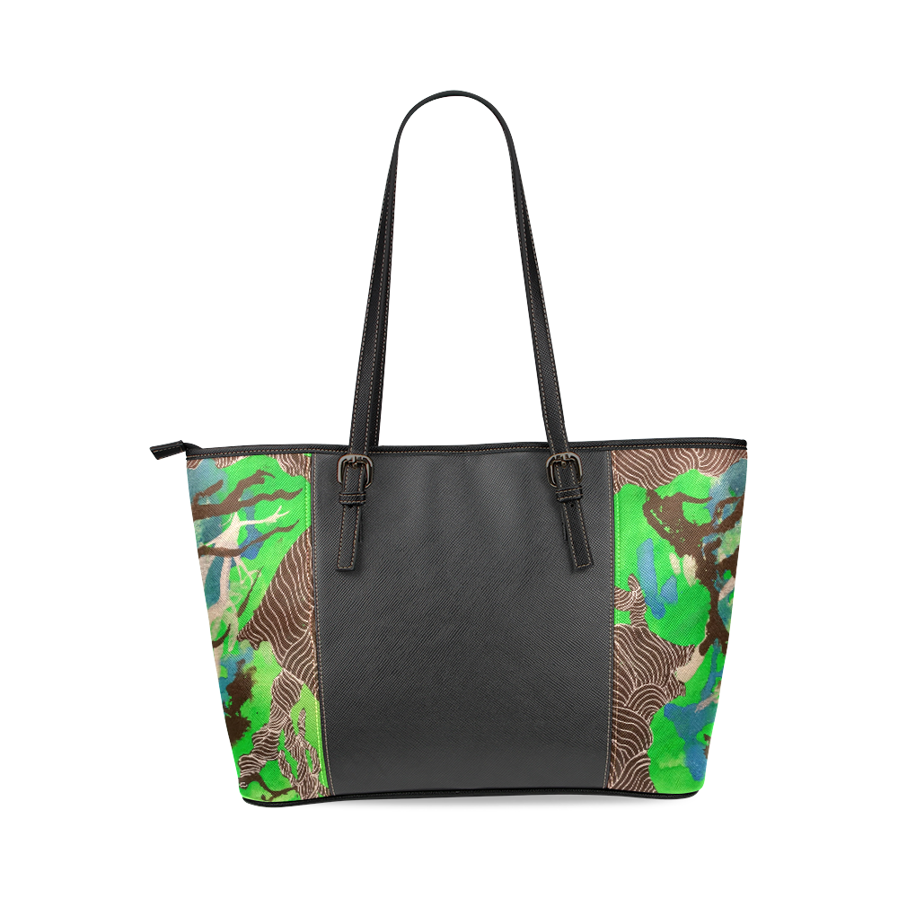 Green, Black, Blue Abstract  2 side design by Debra Brewer Leather Tote Bag/Large (Model 1640)