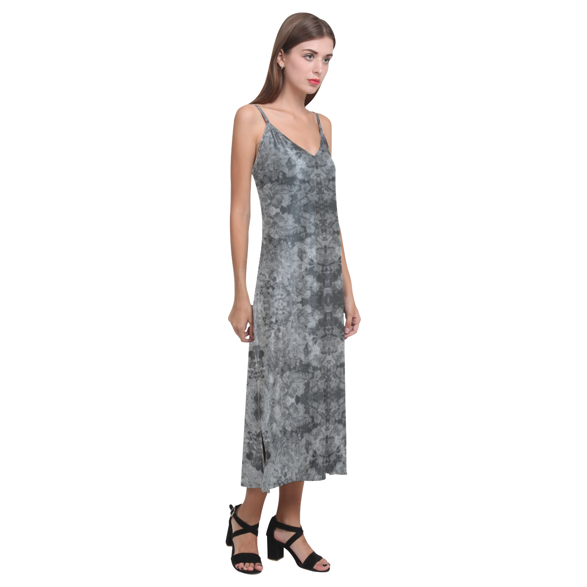 Floral Damask Dark Gray V-Neck Open Fork Long Dress(Model D18)