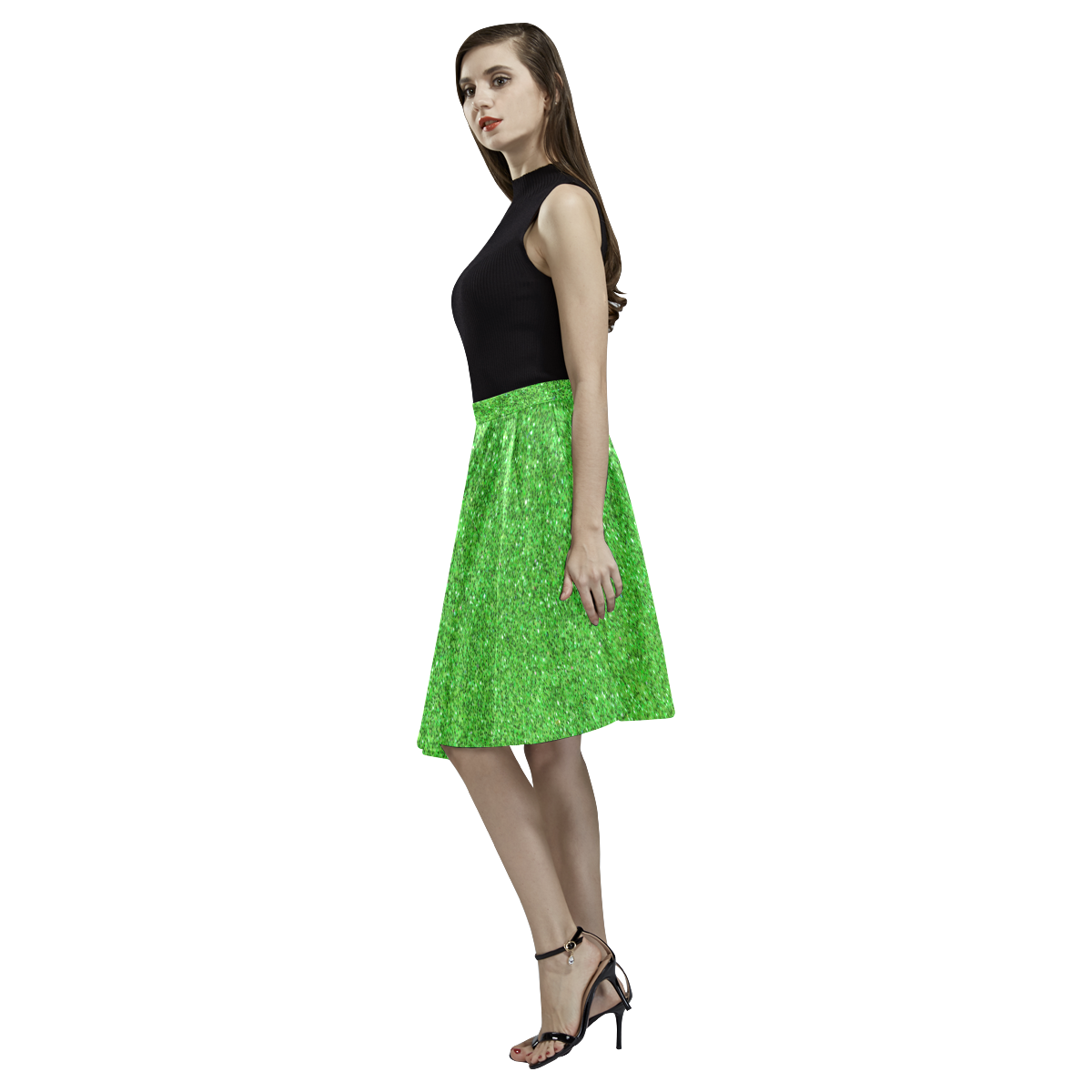 green glitter Melete Pleated Midi Skirt (Model D15)
