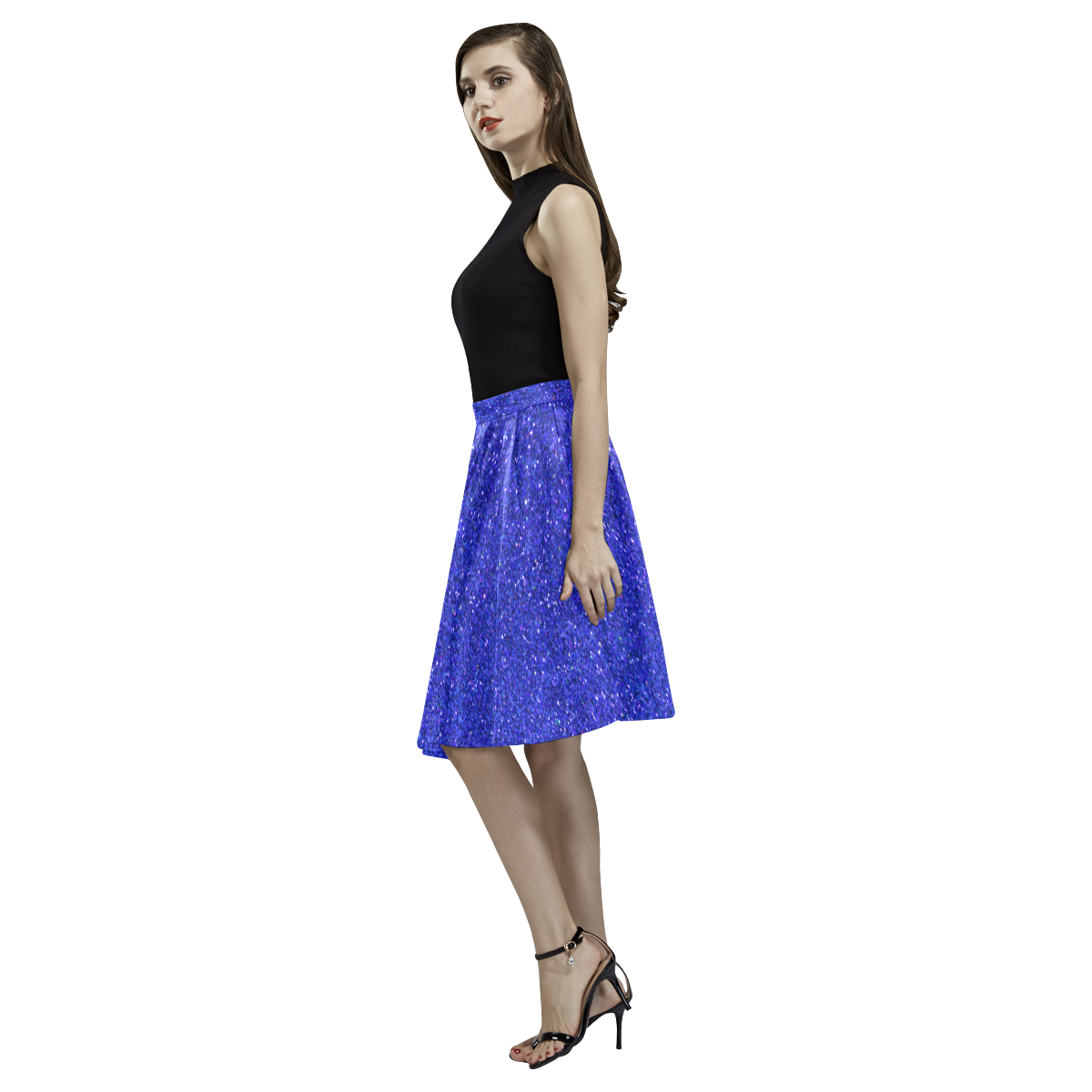 blue glitter Melete Pleated Midi Skirt (Model D15)