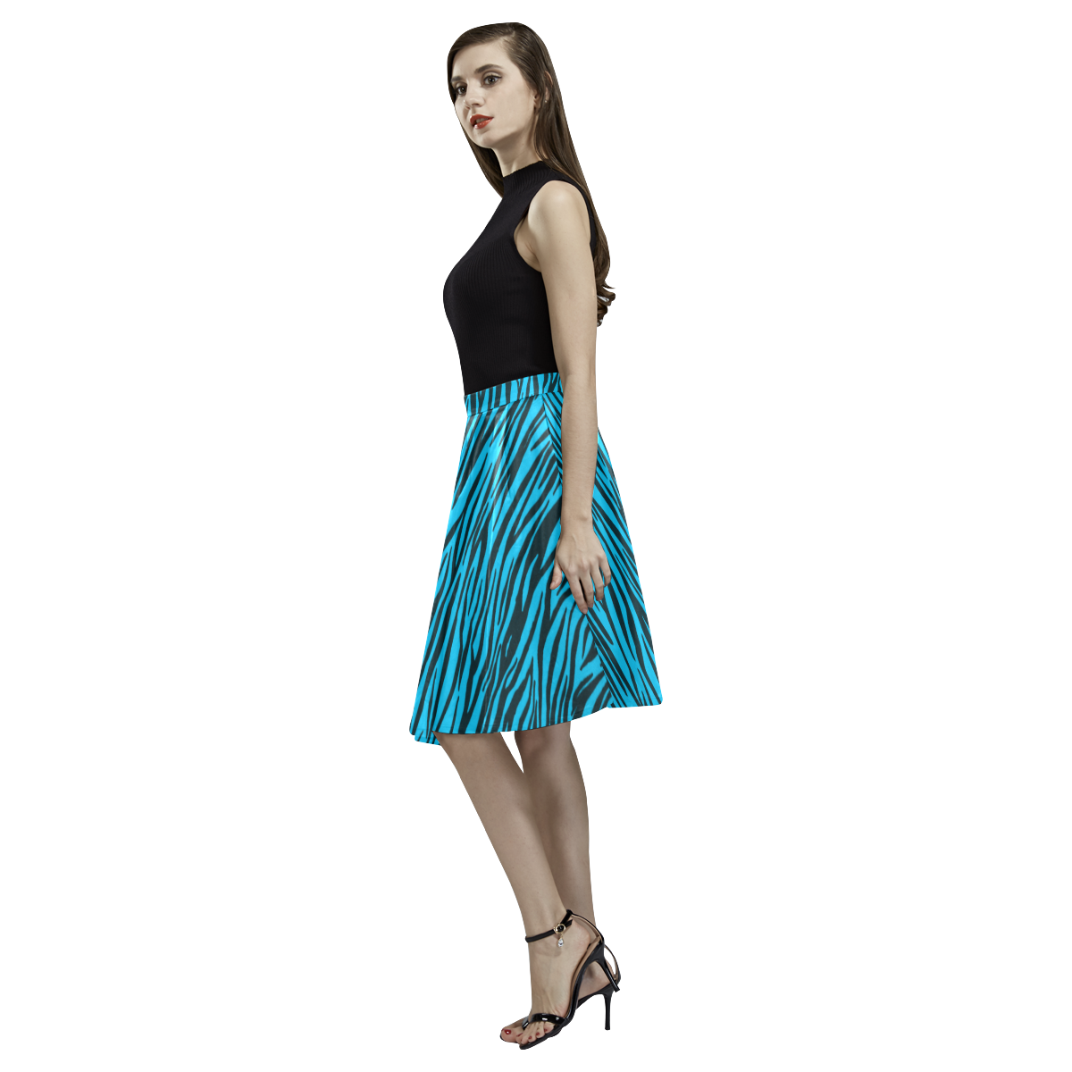 Blue Zebra Stripes Fur Pattern Melete Pleated Midi Skirt (Model D15)
