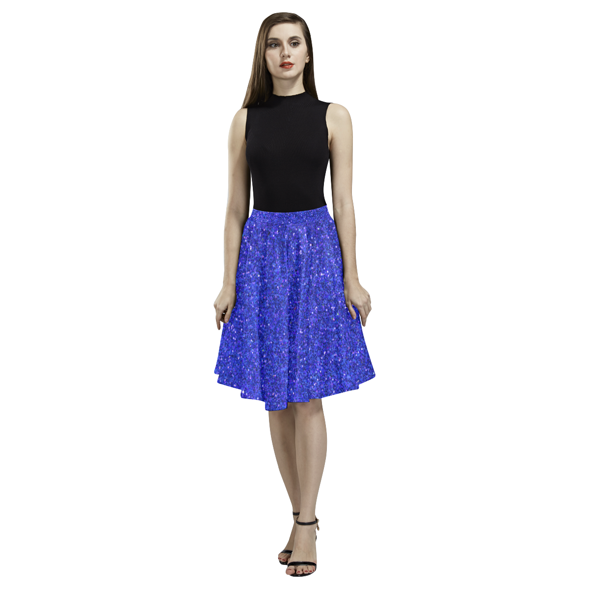 blue glitter Melete Pleated Midi Skirt (Model D15)