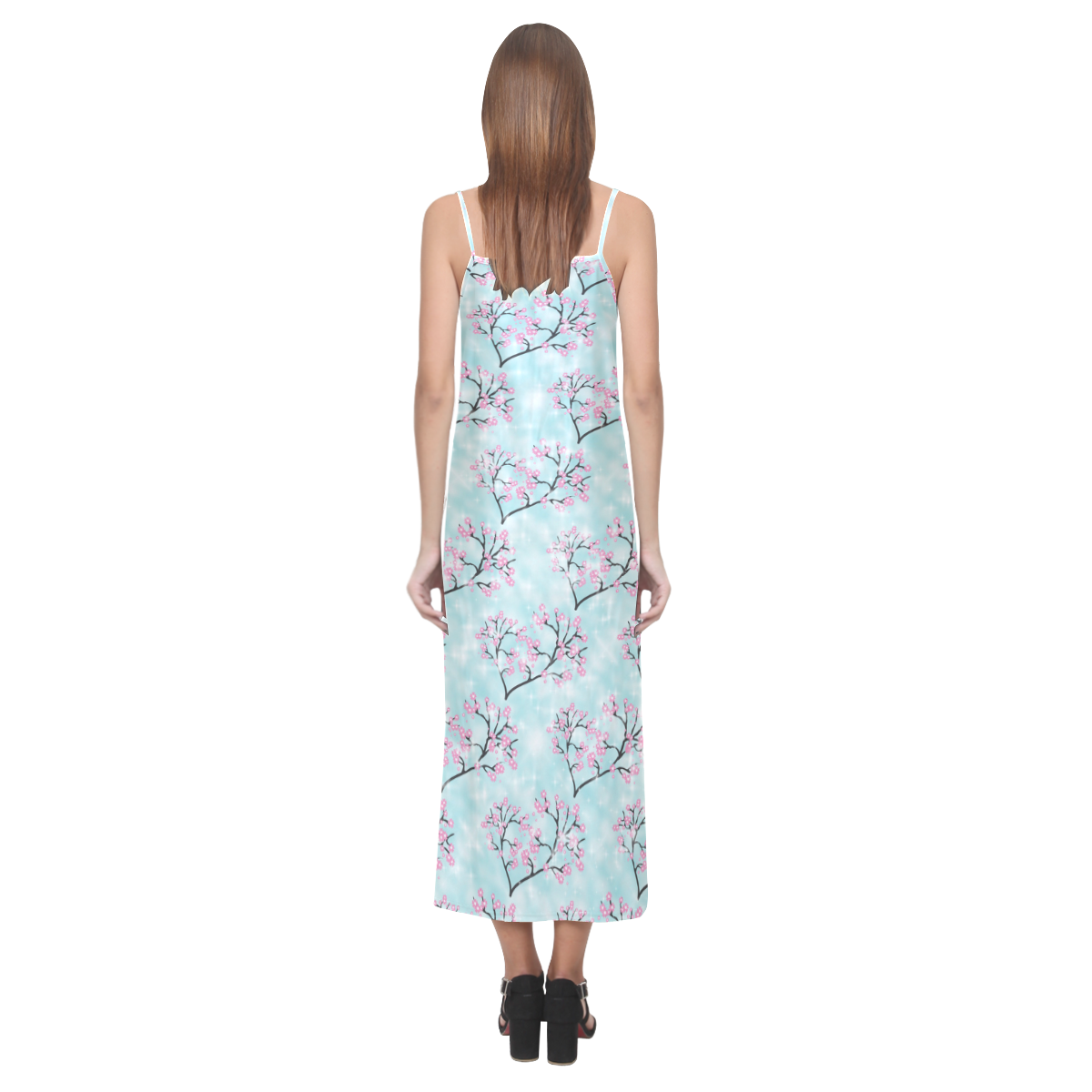 Spring Blossoms Print V-Neck Open Fork Long Dress(Model D18)