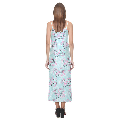 Spring Blossoms Print V-Neck Open Fork Long Dress(Model D18)