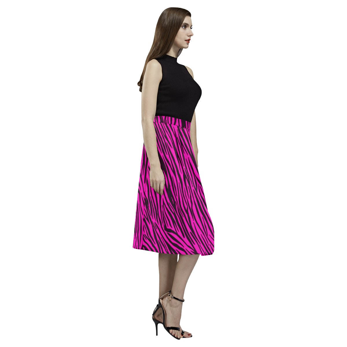 Pink Zebra Stripes Fur Pattern Aoede Crepe Skirt (Model D16)