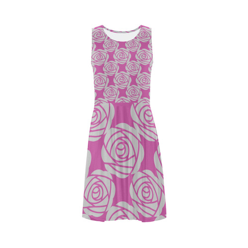 Pink and Grey Roses Sleeveless Ice Skater Dress (D19)
