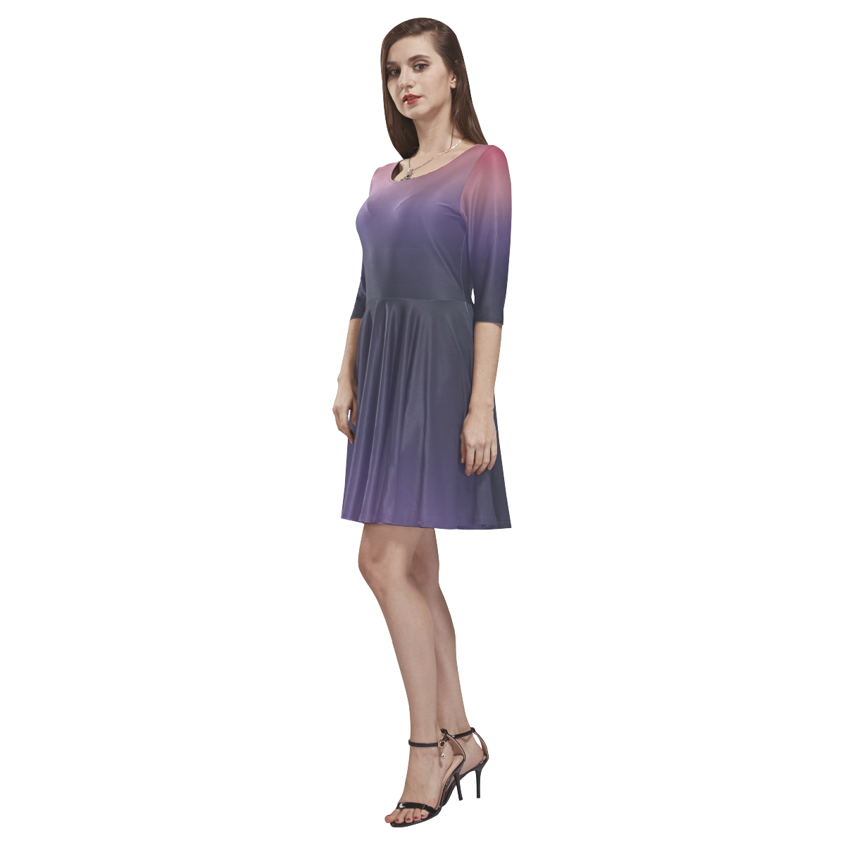 Purple Ombre Gradient Tethys Half-Sleeve Skater Dress(Model D20)