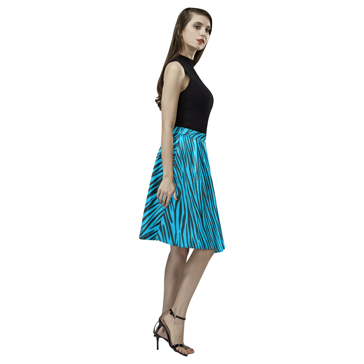 Blue Zebra Stripes Fur Pattern Melete Pleated Midi Skirt (Model D15)