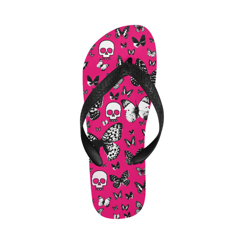 Skulls & Butterflies on Pink Flip Flops for Men/Women (Model 040)