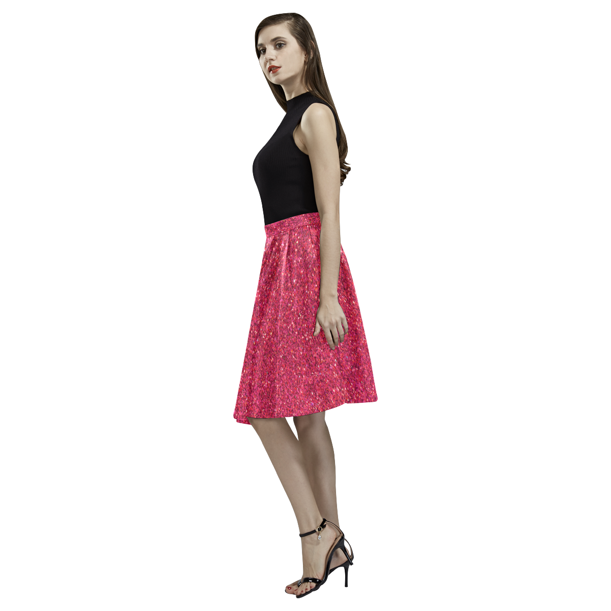 pink glitter Melete Pleated Midi Skirt (Model D15)