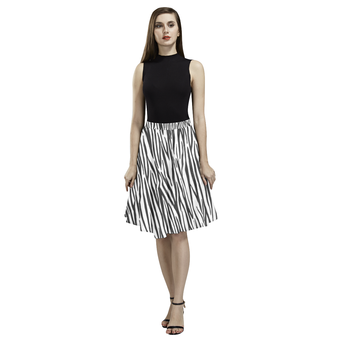 Zebra Stripes Fur Pattern Melete Pleated Midi Skirt (Model D15)
