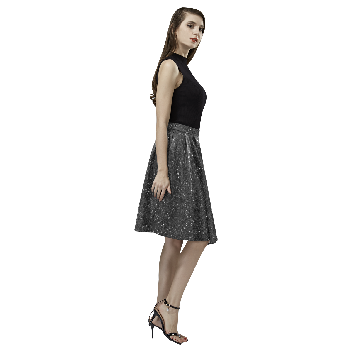 black glitter Melete Pleated Midi Skirt (Model D15)